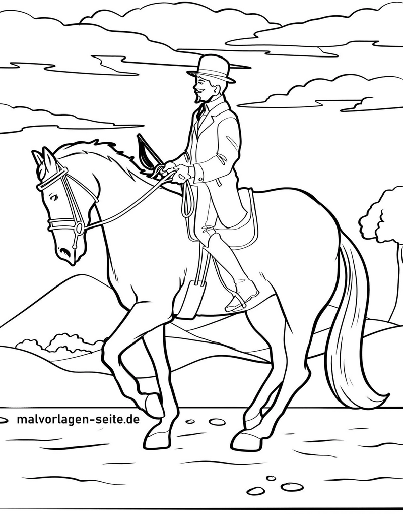 malvorlage-reiter-auf-pferd-in-schoener-landschaft