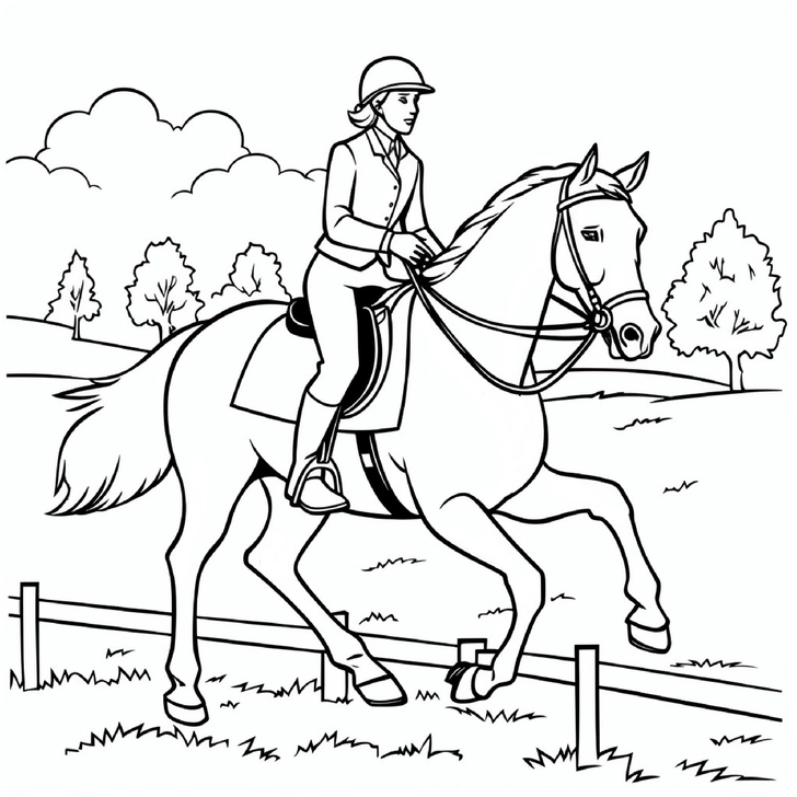 malvorlage-reiterin-auf-pferd-in-der-natur