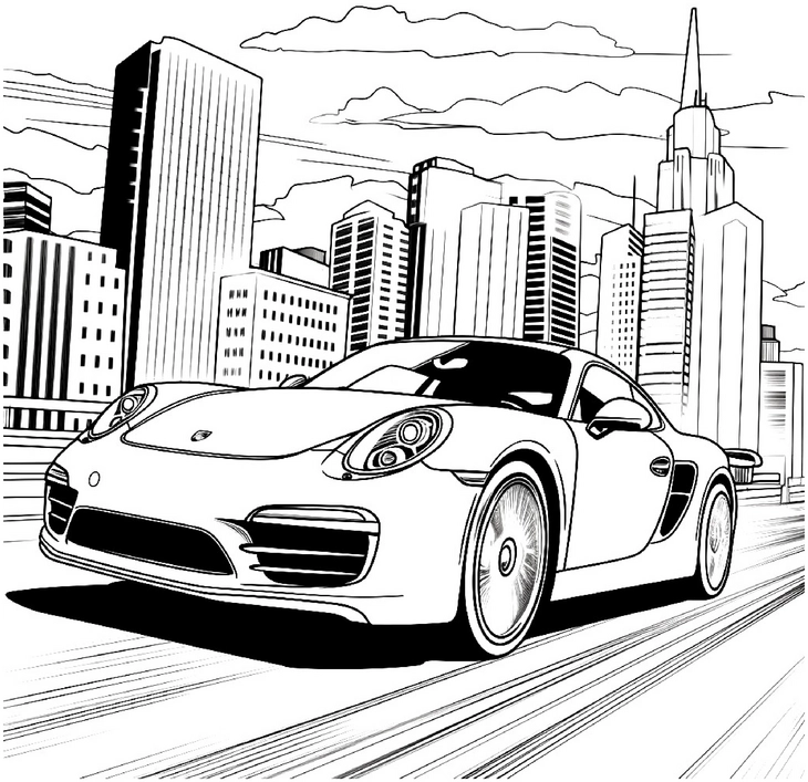 malvorlage-rennwagen-in-stadt-mit-hochhaeusern
