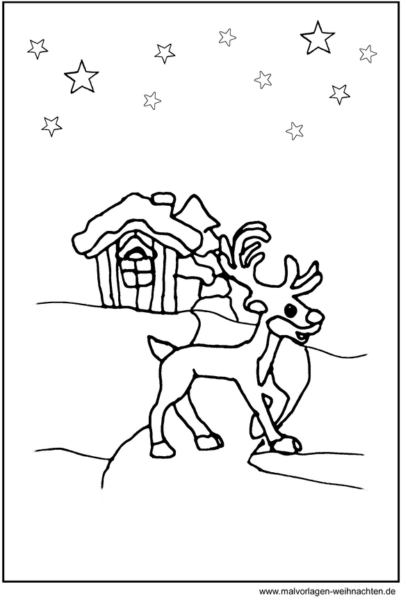 malvorlage-rentier-winterlandschaft-mit-haus