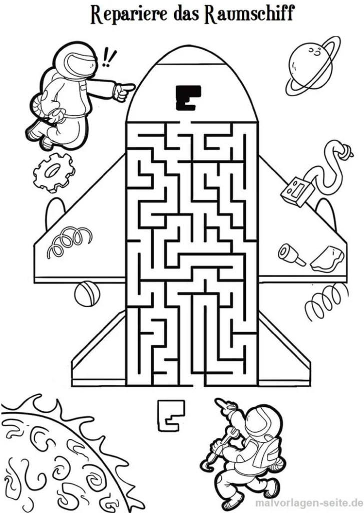 malvorlage-repariere-das-raumschiff-mit-labyrinth-im-weltall