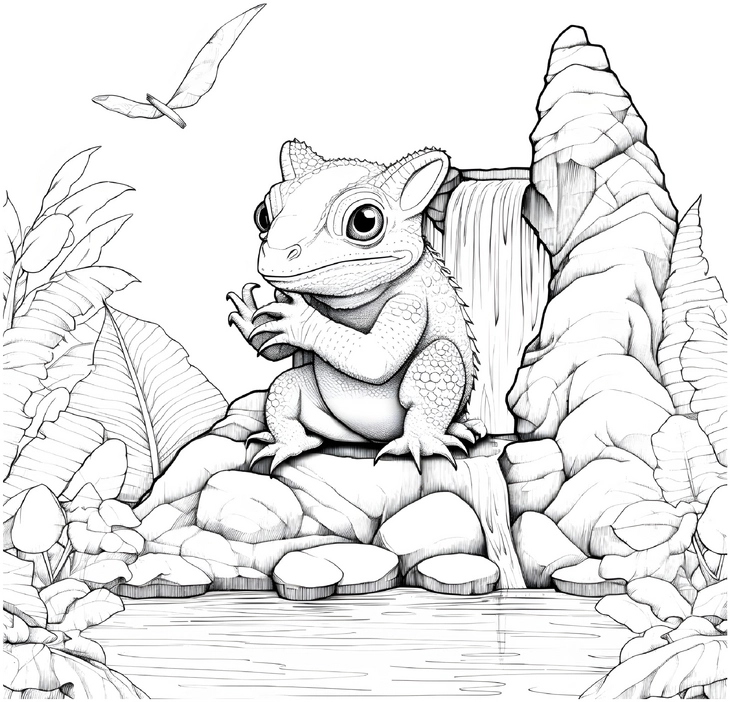 malvorlage-reptil-am-wasserfall-mit-vogel-und-pflanzen