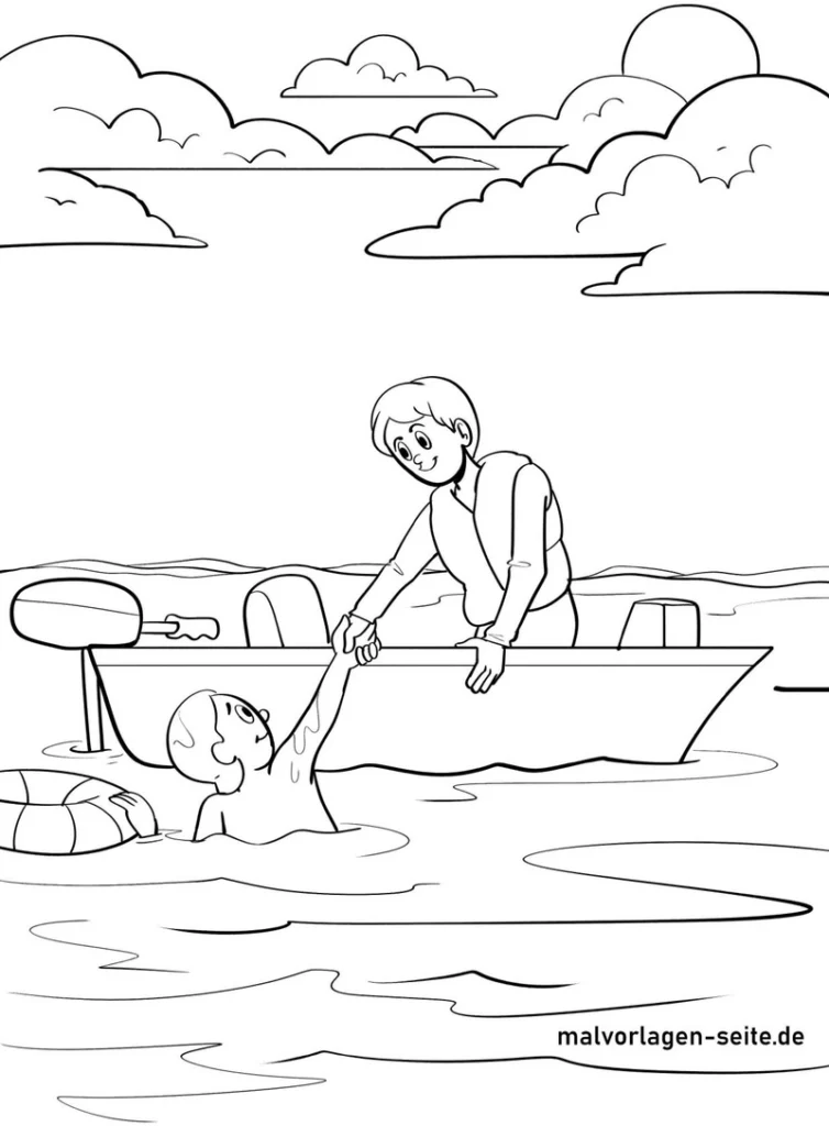 malvorlage-rettungsboot-schwimmer-in-not