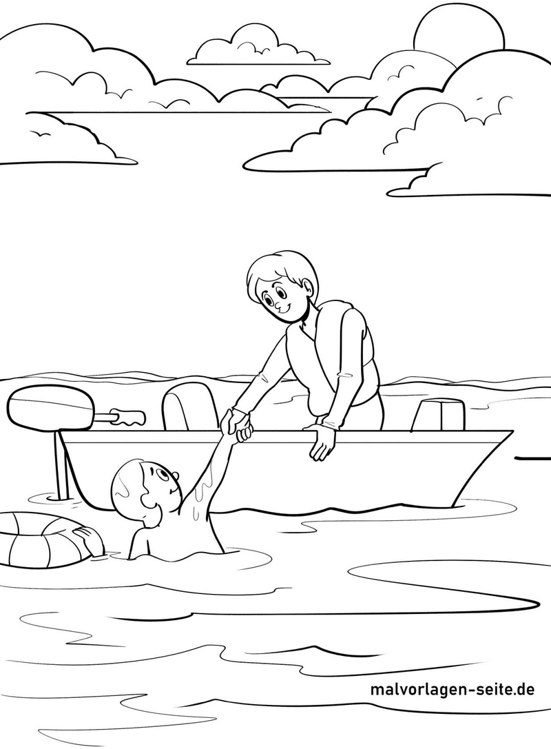 malvorlage-rettungsboot-schwimmer-in-not