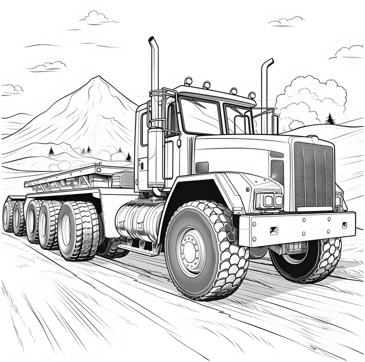 malvorlage-riesen-lkw-in-beeindruckender-landschaft