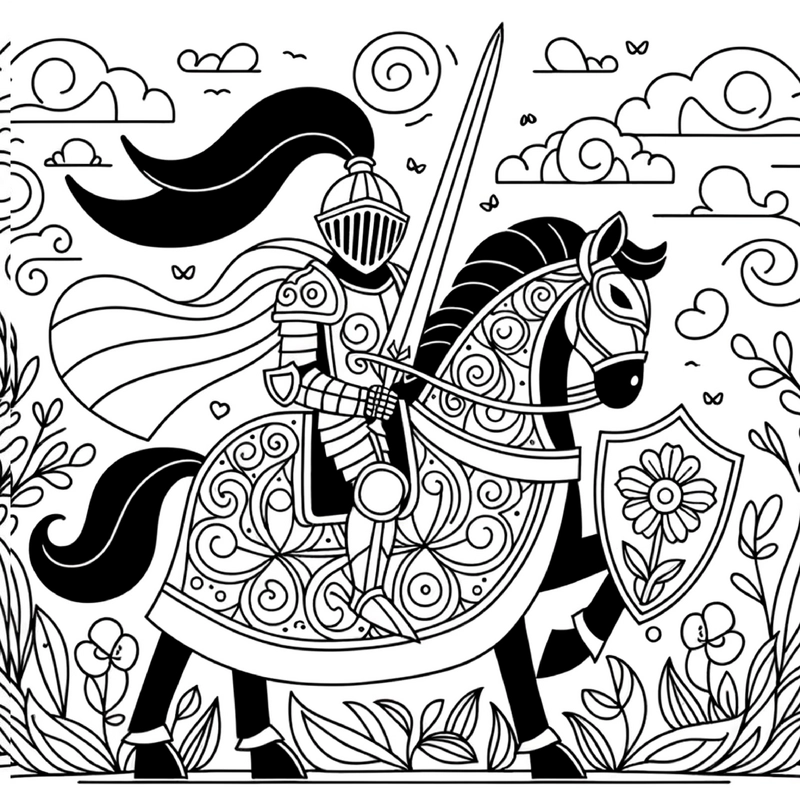malvorlage-ritter-auf-pferd-mit-schild-und-schwert