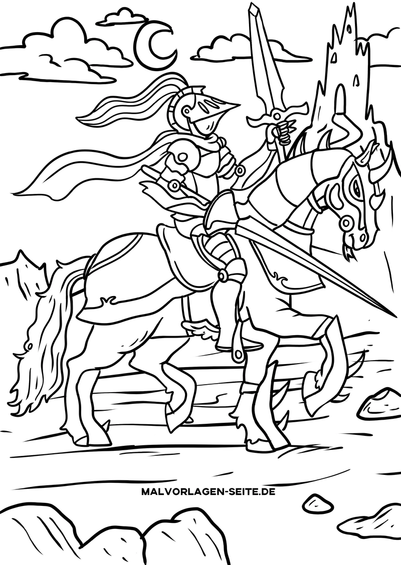 malvorlage-ritter-auf-pferd-und-schloss