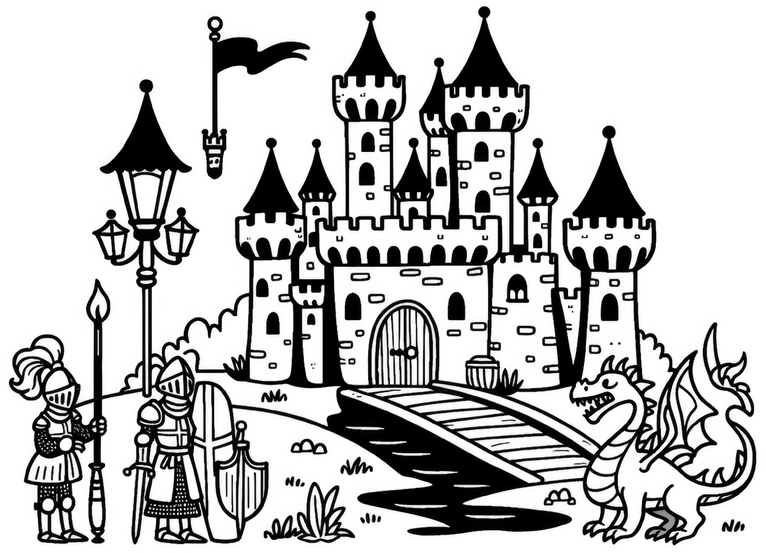 malvorlage-ritter-drachen-und-schloss-ausmalen