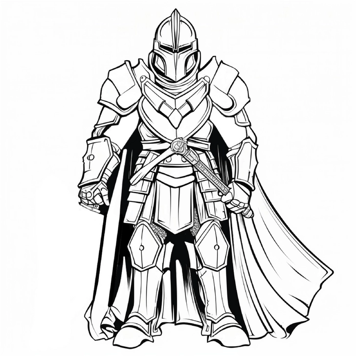 malvorlage-ritter-in-ruestung-mit-schwert-und-umhang