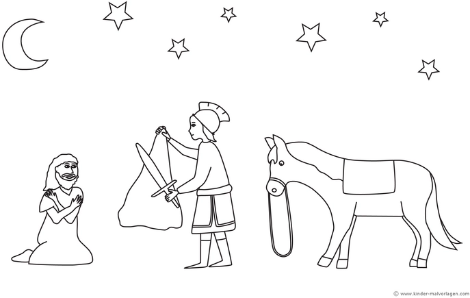 malvorlage-ritter-mit-pferd-und-kniendem-wesen-im-naechtlichen-himmel