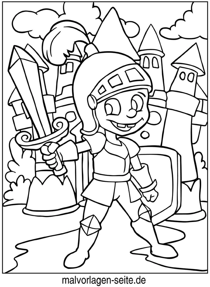 malvorlage-ritter-mit-schwert-vor-burg