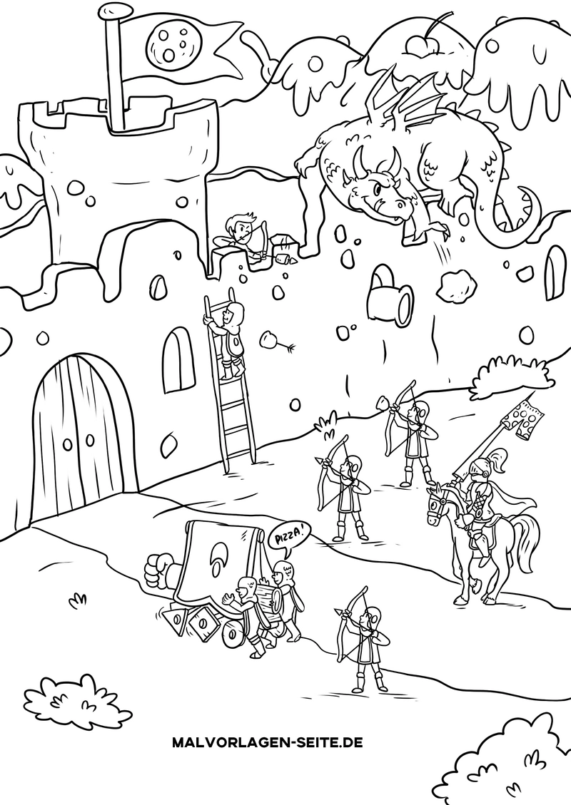malvorlage-ritter-und-drache-mit-pizza