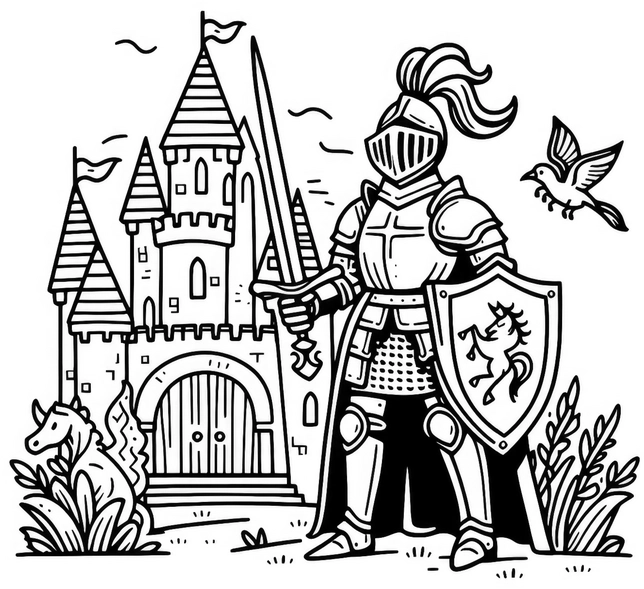 malvorlage-ritter-vor-schloss-mit-einhorn-und-fuchs