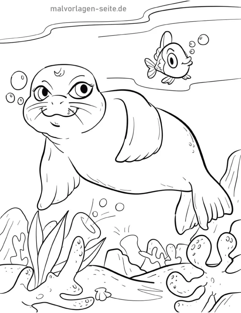 malvorlage-robbe-und-fisch-ausmalen