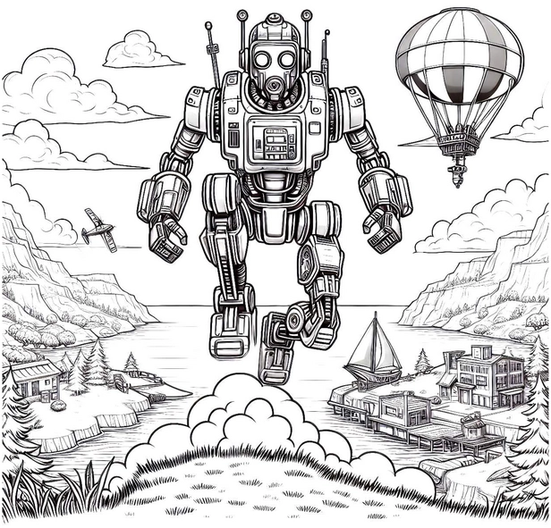 malvorlage-roboter-heissluftballon-malerische-landschaft