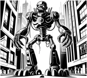 malvorlage-roboter-in-der-stadt