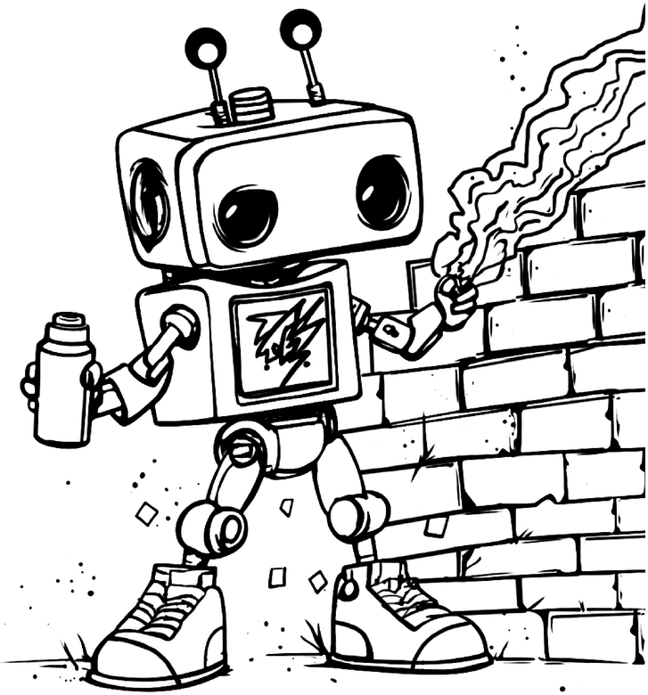 malvorlage-roboter-mit-spraydose-an-ziegelwand