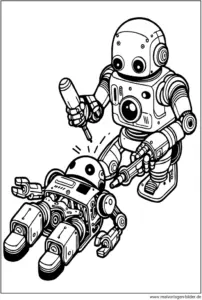 malvorlage-roboter-reparatur-ein-anderen-roboter-ausmalbild