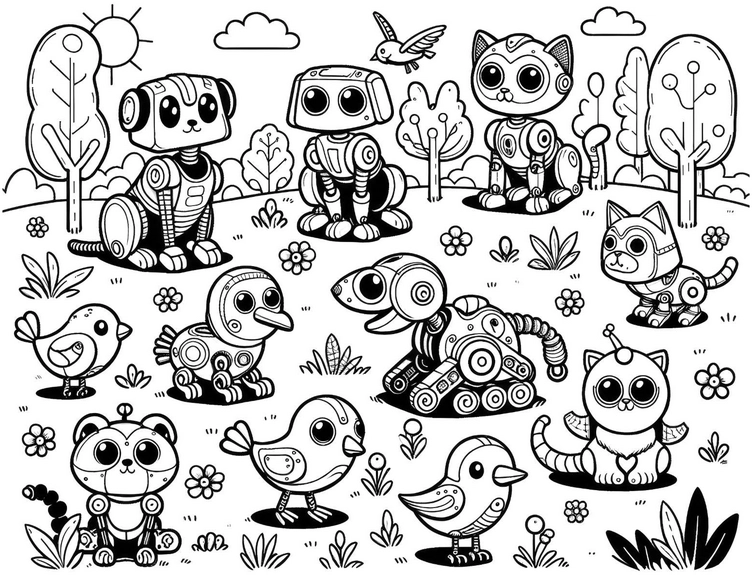 malvorlage-roboter-tiere-bunte-landschaft