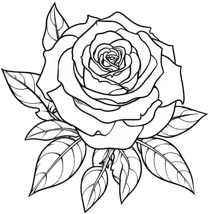 malvorlage-rose-mit-detailreicher-bluete-und-blaettern