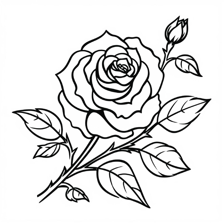 malvorlage-rose-mit-knospe-und-blaettern