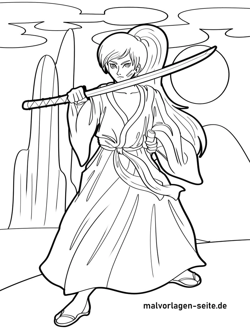 malvorlage-samurai-frau-in-mystischer-landschaft