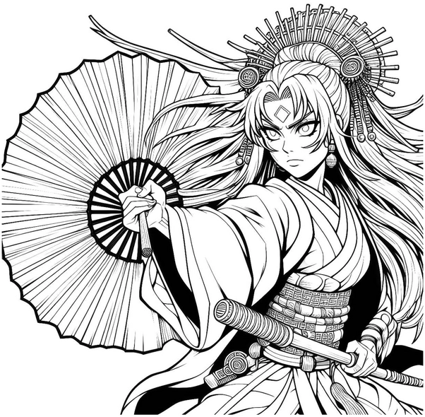malvorlage-samurai-kriegerin-mit-faechern