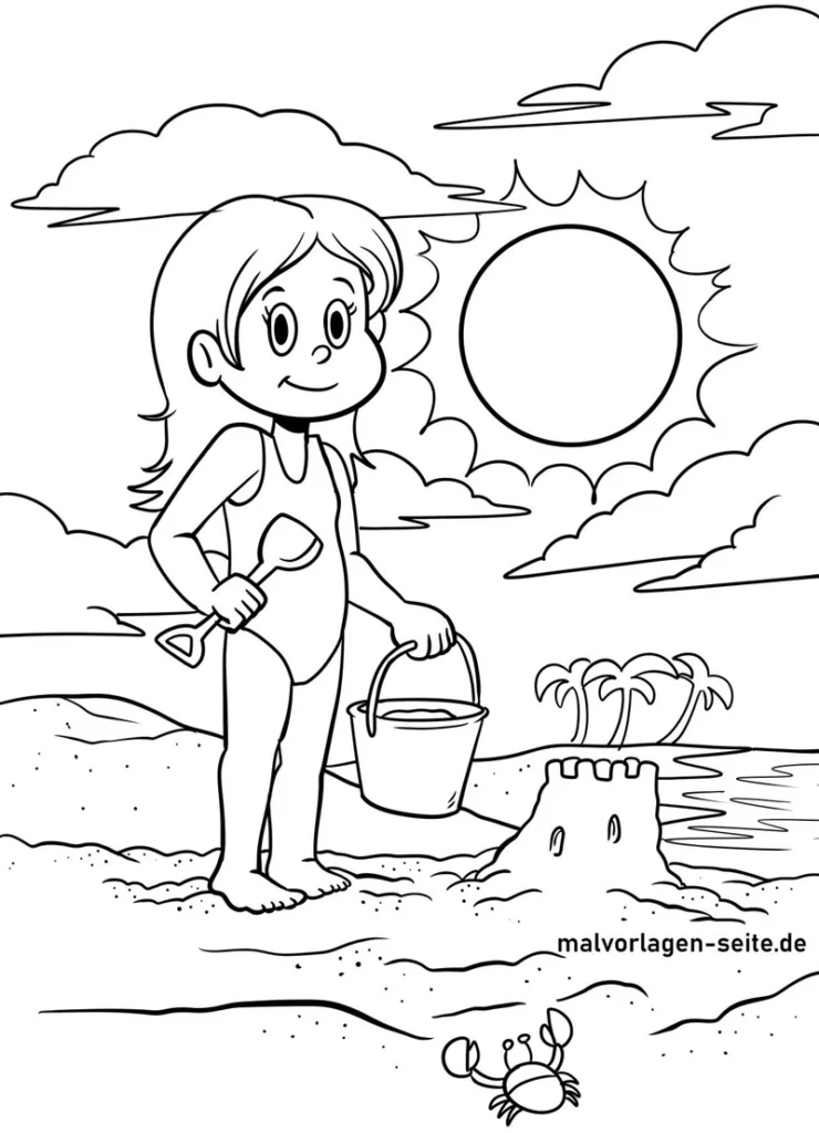malvorlage-sandburg-bauen-am-strand-mit-kind-und-sonne