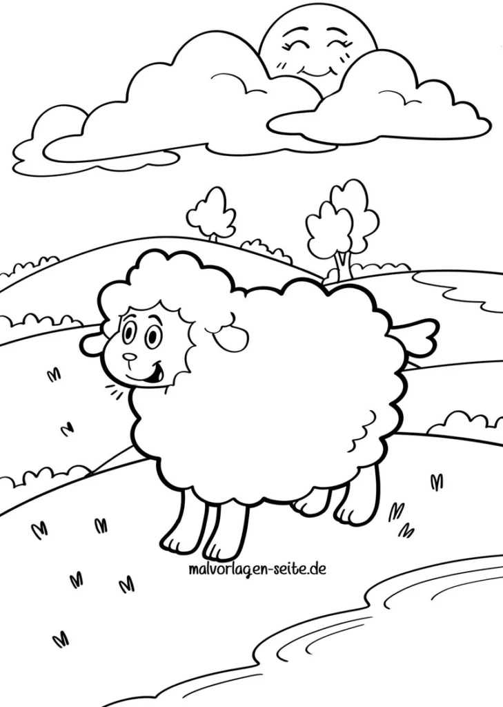 malvorlage-schaf-auf-der-wiese-mit-sonne-und-wolken