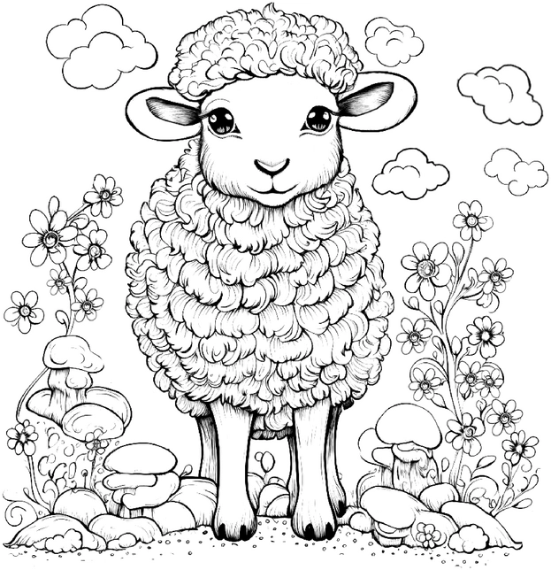 malvorlage-schaf-in-blumenwelt