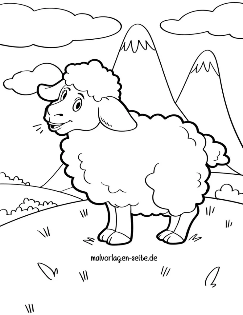 malvorlage-schaf-in-der-natur-mit-bergen-und-wolken