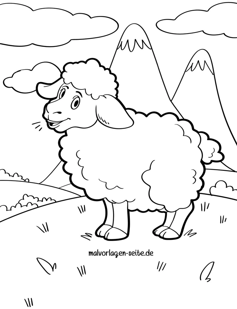 malvorlage-schaf-in-der-natur-mit-bergen-und-wolken