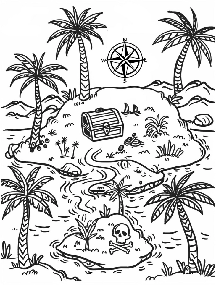 malvorlage-schatzkarte-auf-einer-insel-mit-palmbaeumen