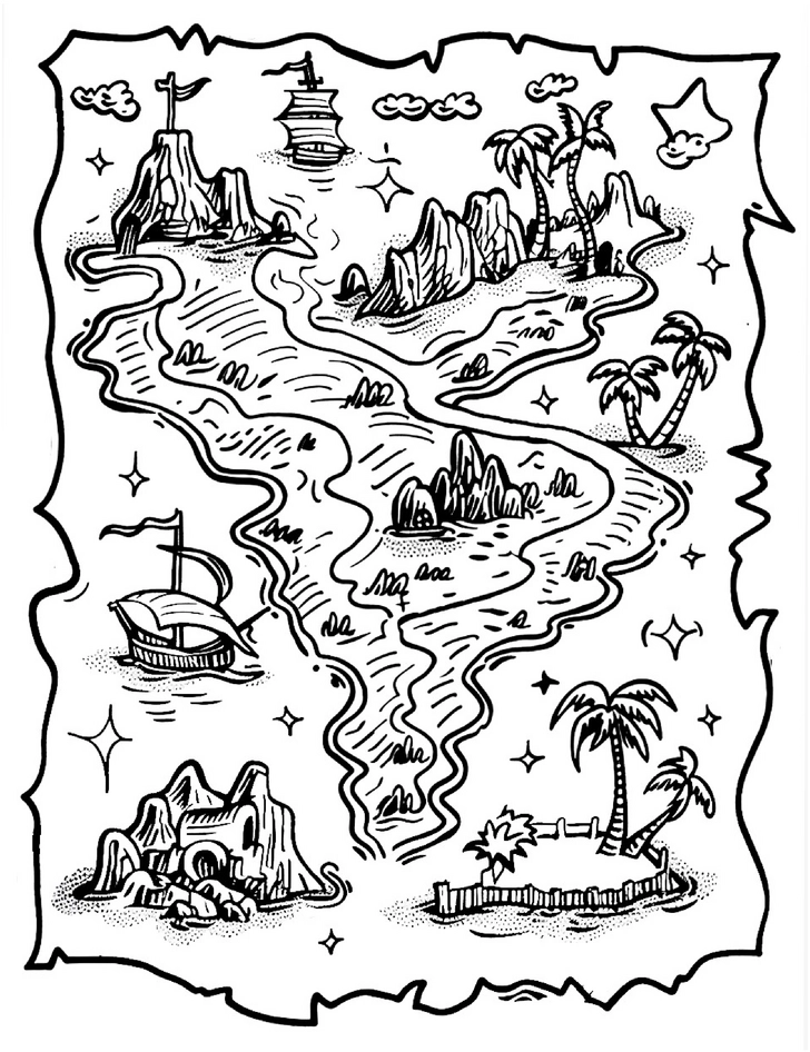 malvorlage-schatzkarte-mit-piratenschiff-und-inseln