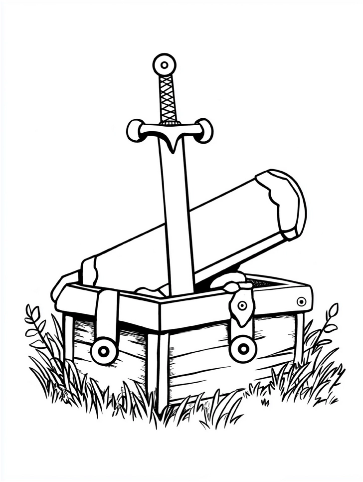 malvorlage-schatzkiste-mit-schwert-und-kanone