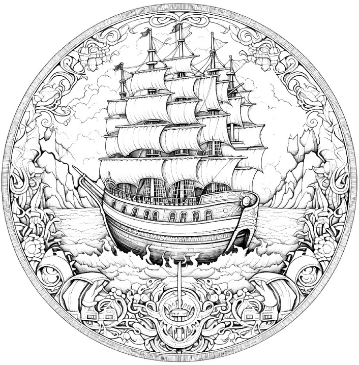 malvorlage-schiff-auf-wellen-im-mandala-stil