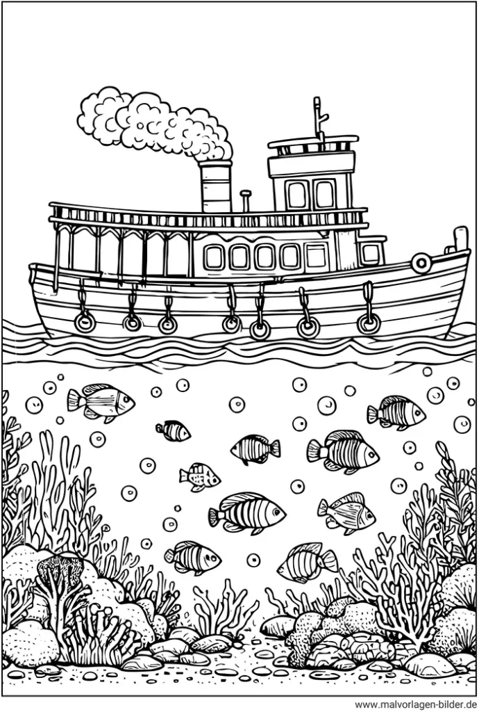 malvorlage-schiff-im-meer-mit-fischen-und-korallen