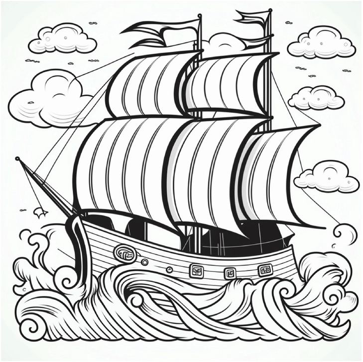 malvorlage-schiff-segel-boote-auf-wellen
