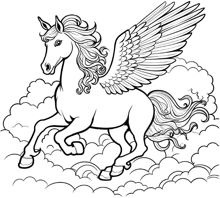 malvorlage-schimmernder-pegasus-in-den-wolken