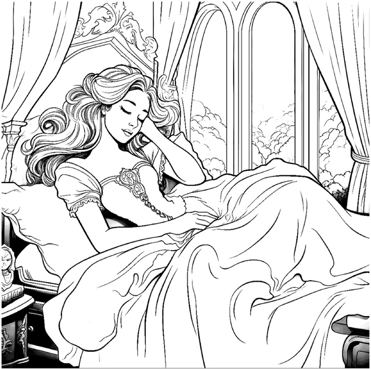 malvorlage-schlafende-prinzessin-im-maerchenhaften-schlafzimmer