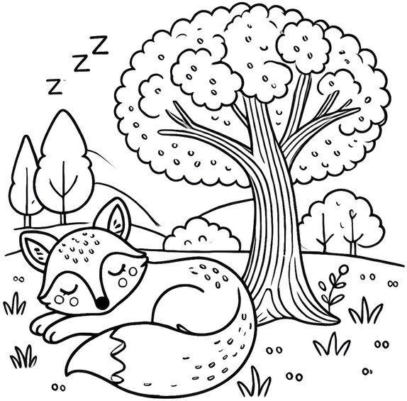 malvorlage-schlafender-fuchs-unter-einem-baum