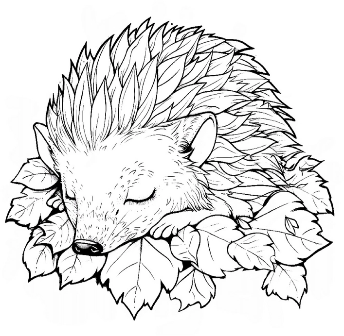malvorlage-schlafender-igel-mit-blaettern