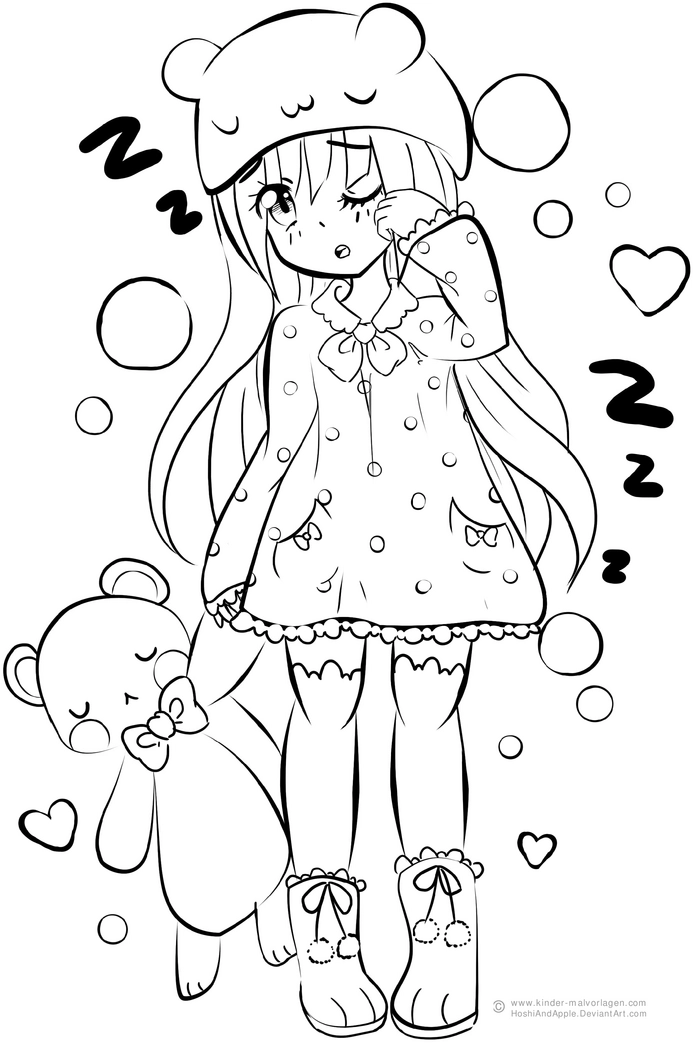 malvorlage-schlafendes-maedchen-mit-baeren-und-herzen