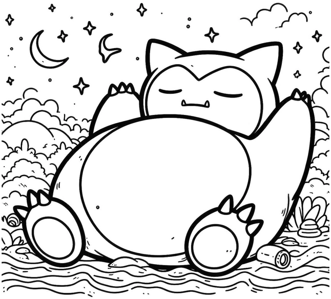 malvorlage-schlafendes-pokemon-in-fantasielandschaft