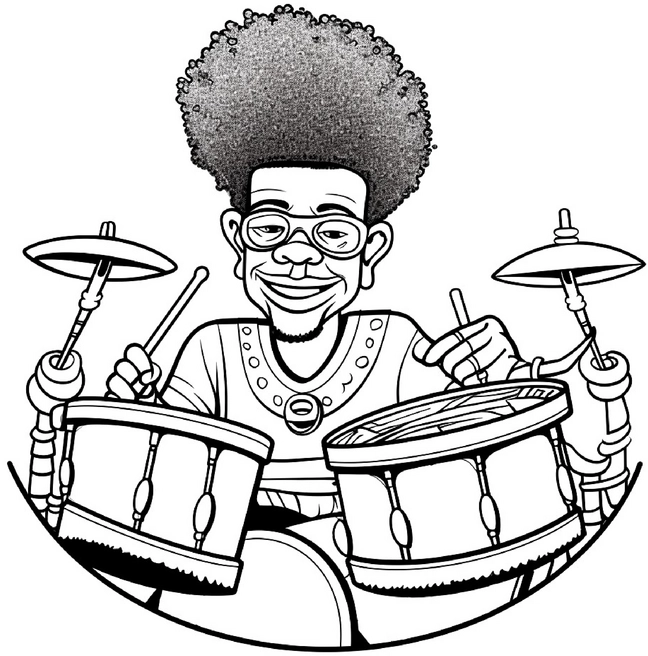 malvorlage-schlagzeuger-mit-afro-und-trommeln