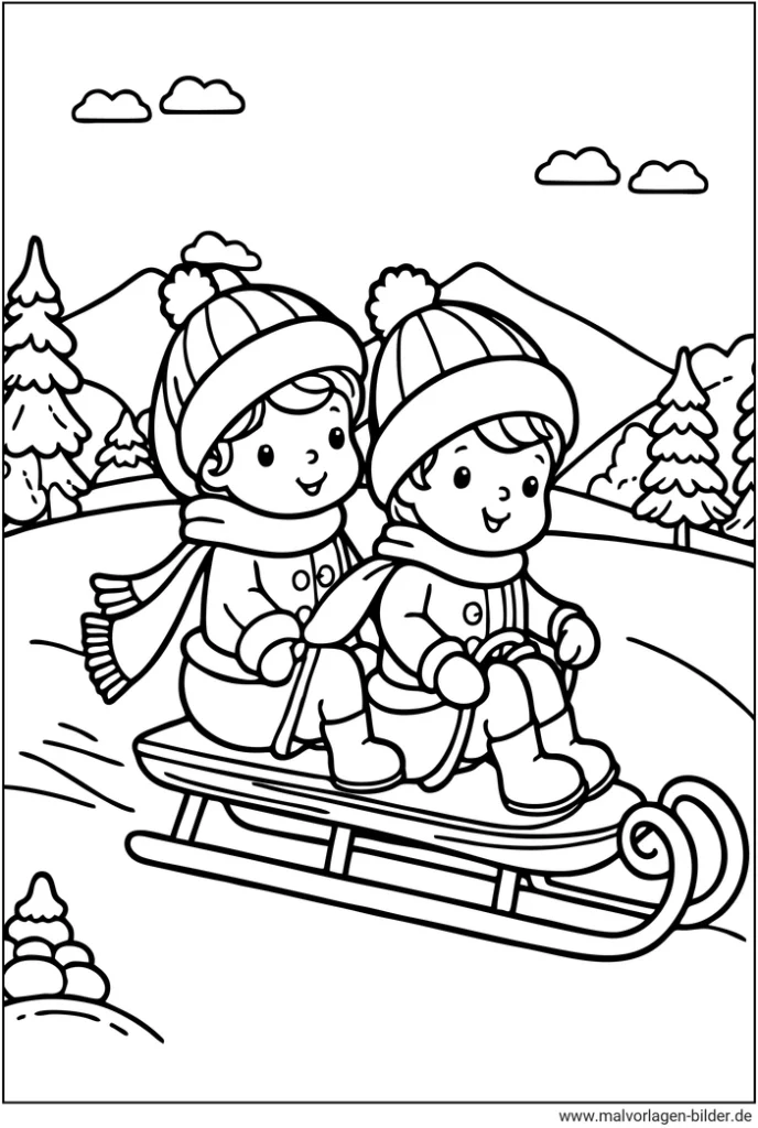 malvorlage-schlittenfahren-in-der-winterlandschaft