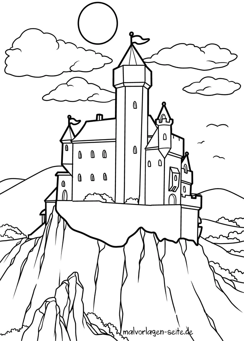 malvorlage-schloss-auf-einem-huegel-mit-sonne-und-wolken