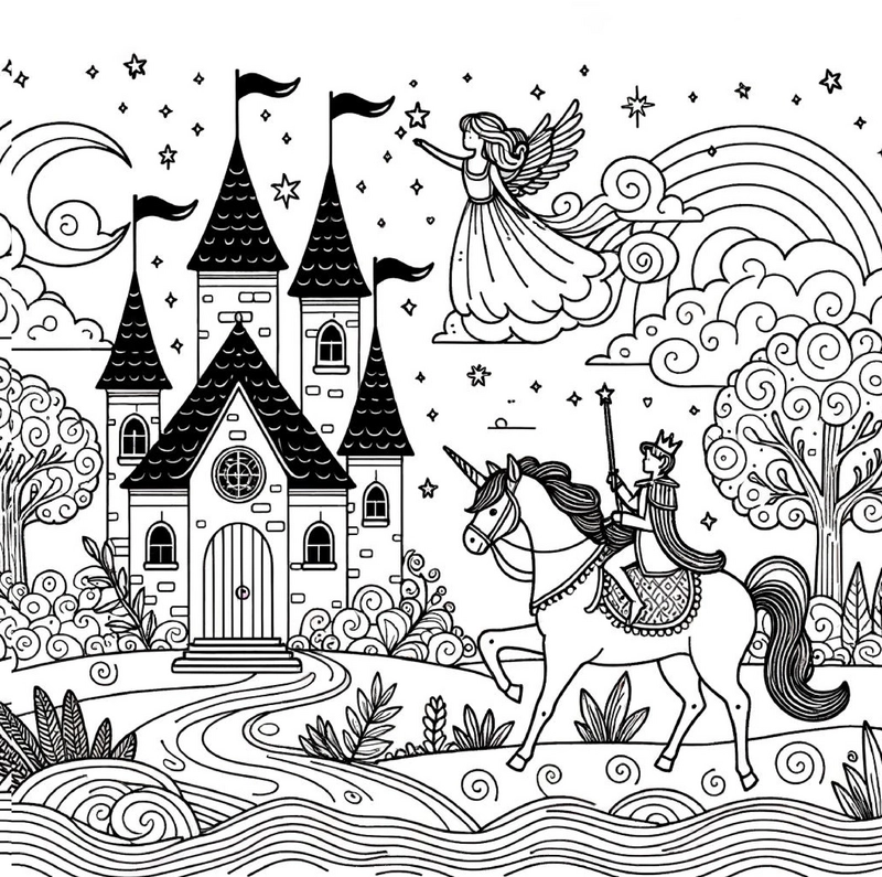 malvorlage-schloss-engel-einhorn-fuer-kinder