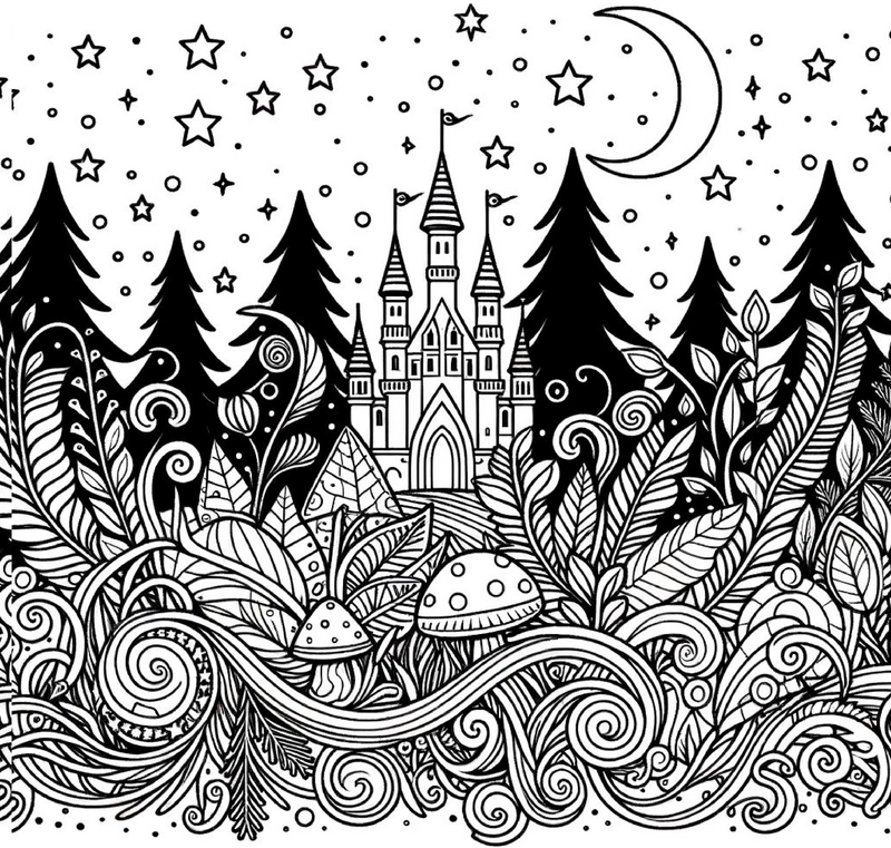 malvorlage-schloss-im-maerchenwald-zum-ausdrucken