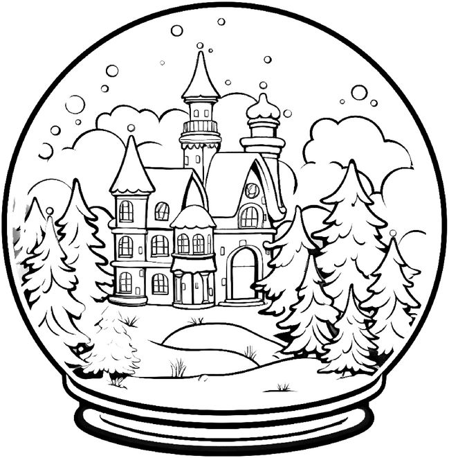 malvorlage-schloss-in-einer-schneekugel-mit-nadelbaeumen